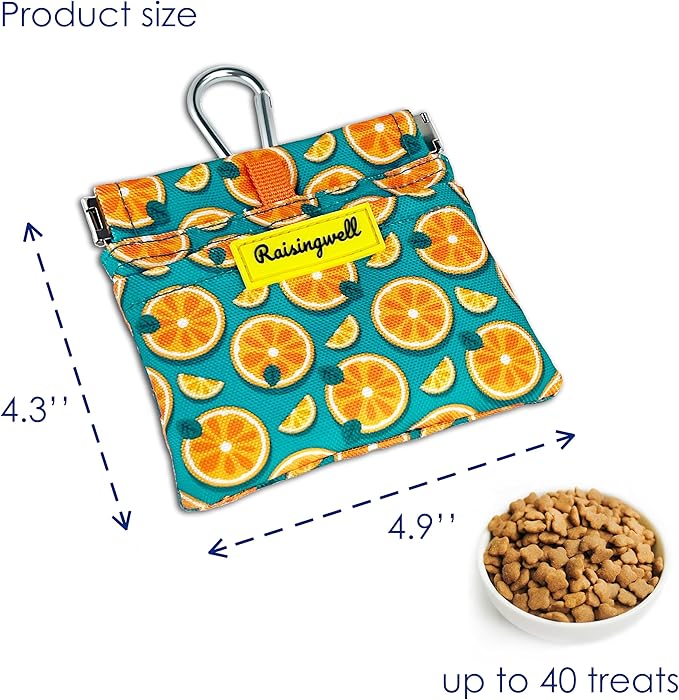 Dog Treat Pouch,Cotton Pocket Sized Training Holder, Hand Free Walking Funny Bag with Carabiner, Self-Closing Pet Feed Snack Reward, Behavior Aids for Puppy Travel or Outdoor Use(Fruit Orange)