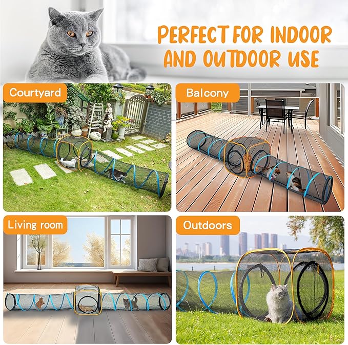 Cat Play Tunnel + Cube(with Three Ways) for Indoor and Outdoor, Kitty Play House, Cat Enclosures, Collapsible Kitty Tent, Kitten Toys Easy to Connect with Kitty Tent(2 Tunnels + Cube )