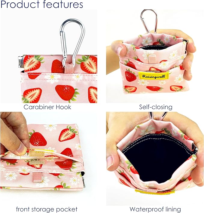 Dog Treat Pouch,Cotton Pocket Sized Training Holder, Hand Free Walking Funny Bag with Carabiner, Self-Closing Pet Feed Snack Reward, Behavior Aids for Puppy Travel or Outdoor Use(Strawberry)