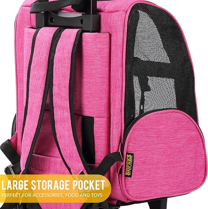 KOPEKS Deluxe Backpack Pet Travel Carrier with Double Wheels for Pets up to 18 Pounds - Pink