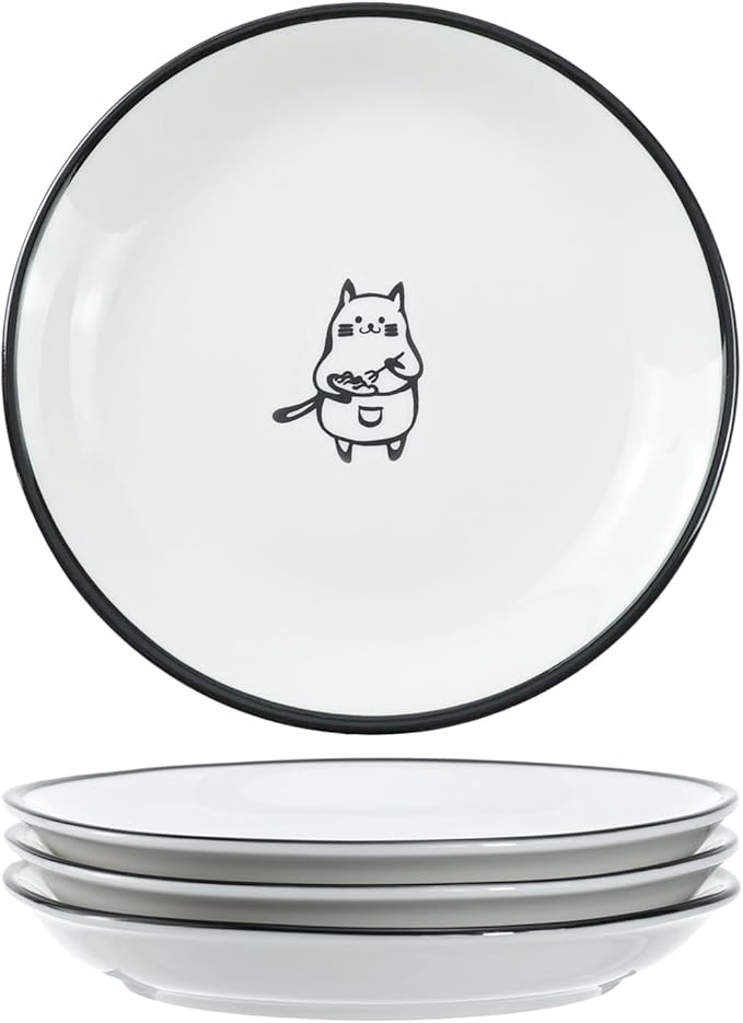 Cute Cartoon Chef Cat Ceramic Seasoning Dishes Sauce Dish Sushi Dipping Bowl Appetizer Plates Tea Bag Holder Serving Dish for Kitchen, 5 Inch, Set of 4