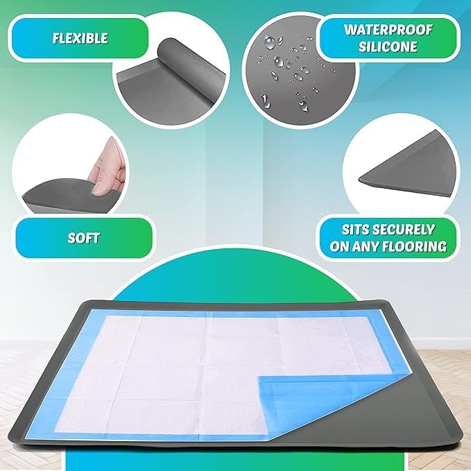 TidyFriend Dog Pad Holder Tray for 30 x 36 Inches Training Pads - 2 Pack, Silicon Wee Wee Pad Holder, No Spill Pee Pad Holder for Dogs - Easy to Clean and Store Perfect for Dog Potty Tray (Grey)