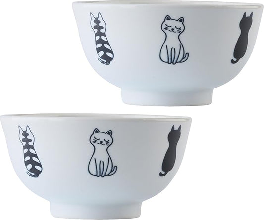 Japanese Cat Design Ceramic Donburi Bowls, Rice Bowls Set of 2