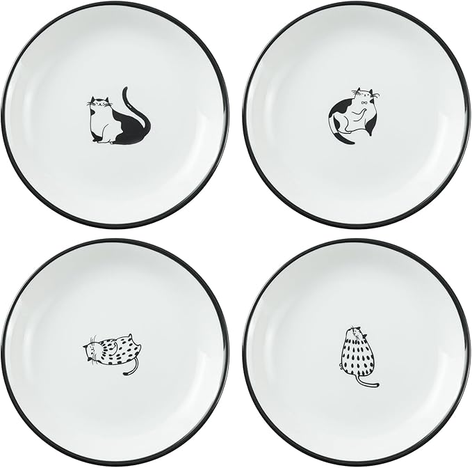 Cute Cartoon Gentleman and Dot Cat Ceramic Seasoning Dishes Sauce Dish Sushi Dipping Bowl Appetizer Plates Tea Bag Holder Serving Dish for Kitchen 5 Inch, Set of 4