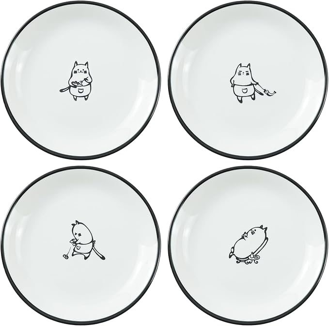 Cute Cartoon Chef Cat Ceramic Seasoning Dishes Sauce Dish Sushi Dipping Bowl Appetizer Plates Tea Bag Holder Serving Dish for Kitchen, 5 Inch, Set of 4