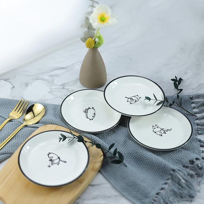 Cute Cartoon Chef Cat Ceramic Seasoning Dishes Sauce Dish Sushi Dipping Bowl Appetizer Plates Tea Bag Holder Serving Dish for Kitchen, 5 Inch, Set of 4