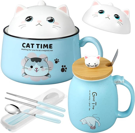 Set of 2 Ceramic Cat Mug and Ramen Bowl with Lid 15.2 oz Microwave Cat Coffee Cup 34.5 oz Ramen Bowl with Lid Chopsticks Spoon for Christmas Birthday Gifts(Blue)