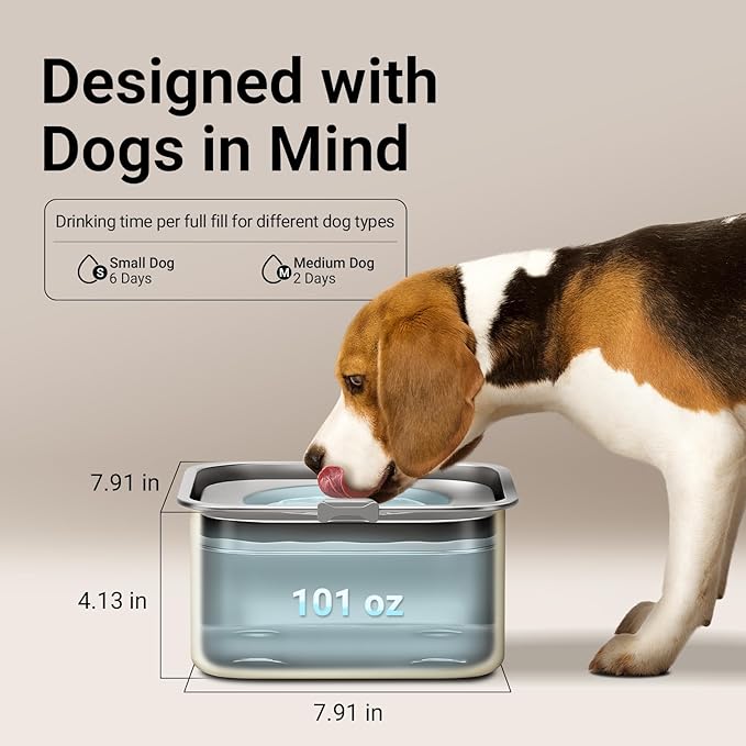 DownyPaws No Spill Water Bowl for Dogs,101oz/3L Slobber Stopper Stainless Steel, Slow Drinking Dog Water Bowl, No Mess Dog Water Dispenser Spill Proof, Dishwasher Safe, Beige