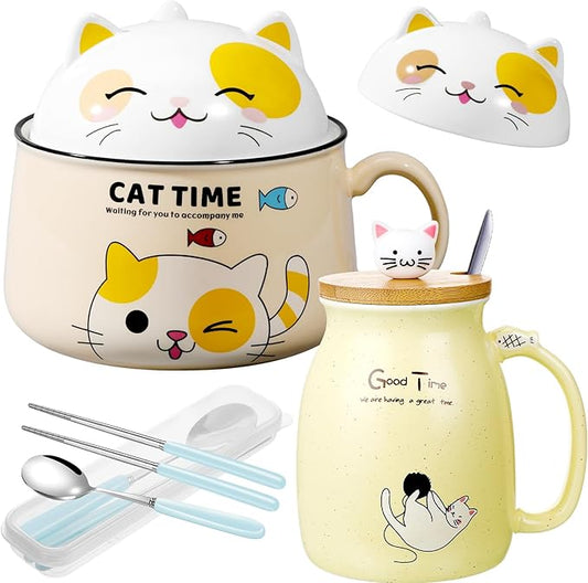 Set of 2 Ceramic Cat Mug and Ramen Bowl with Lid 15.2 oz Microwave Cat Coffee Cup 34.5 oz Ramen Bowl with Lid Chopsticks Spoon for Christmas Birthday Gifts(Yellow)