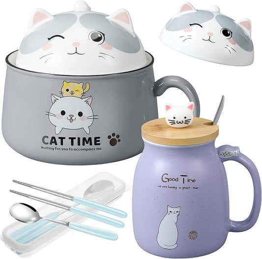 Set of 2 Ceramic Cat Mug and Ramen Bowl with Lid 15.2 oz Microwave Cat Coffee Cup 34.5 oz Ramen Bowl with Lid Chopsticks Spoon for Christmas Birthday Gifts(Gray, Purple)