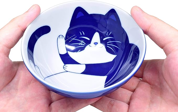 Mino Ware Japanese Rice Bowl, Rice Ramen Noodle Soup Sarada Pasta, NEKOCHIGURA Cat Design, 4.5 inch 9.2 fl oz, Hachiware