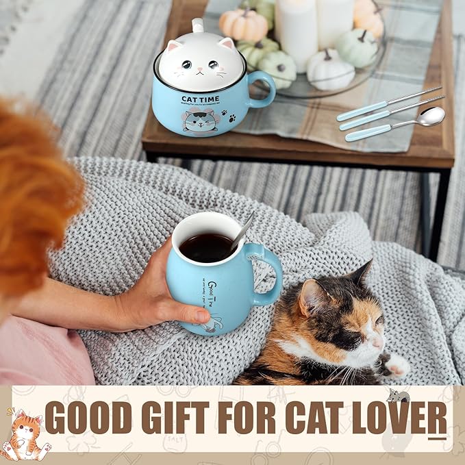 Set of 2 Ceramic Cat Mug and Ramen Bowl with Lid 15.2 oz Microwave Cat Coffee Cup 34.5 oz Ramen Bowl with Lid Chopsticks Spoon for Christmas Birthday Gifts(Blue)