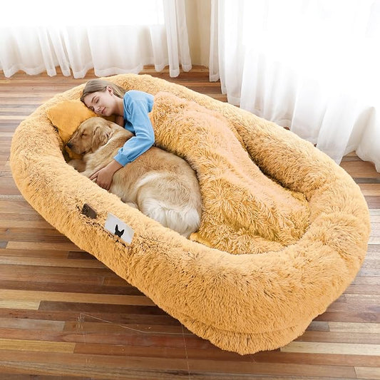 Human Dog Bed, 71''x45''x12'' Size Fits You and Pets, Washable Faux Fur Pet Bed for People Doze Off, Napping Orthopedic Dog Bed, Present Plump Pillow, Blanket, Strap - Pumpkin