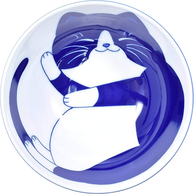 Mino Ware Japanese Rice Bowl, Rice Ramen Noodle Soup Sarada Pasta, NEKOCHIGURA Cat Design, 4.5 inch 9.2 fl oz, Hachiware