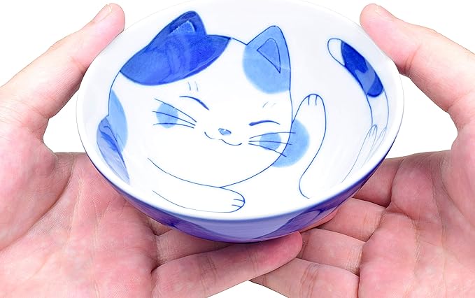 Mino Ware Japanese Rice Bowl, Rice Ramen Noodle Soup Sarada Pasta, NEKOCHIGURA Cat Design, 4.5 inch 9.2 fl oz, Mike