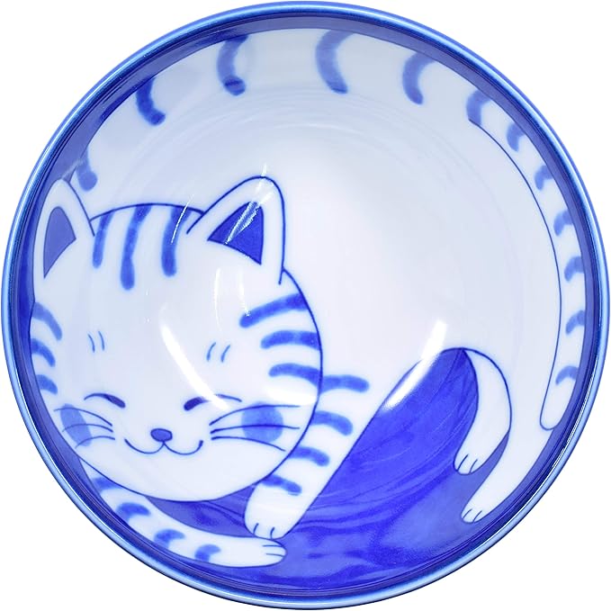 Mino Ware Japanese Rice Bowl, Rice Ramen Noodle Soup Sarada Pasta, NEKOCHIGURA Cat Design, 4.5 inch 9.2 fl oz, Tora