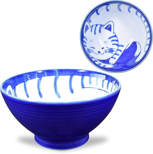 Mino Ware Japanese Rice Bowl, Rice Ramen Noodle Soup Sarada Pasta, NEKOCHIGURA Cat Design, 4.5 inch 9.2 fl oz, Tora