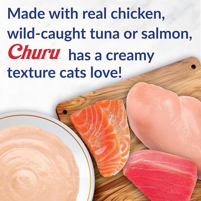 INABA Churu Cat Treats, Grain-Free, Lickable, Squeezable Creamy Purée Cat Treat/Topper with Vitamin E & Taurine, 0.5 Ounces Each Tube, 50 Tubes, Tuna & Seafood Variety