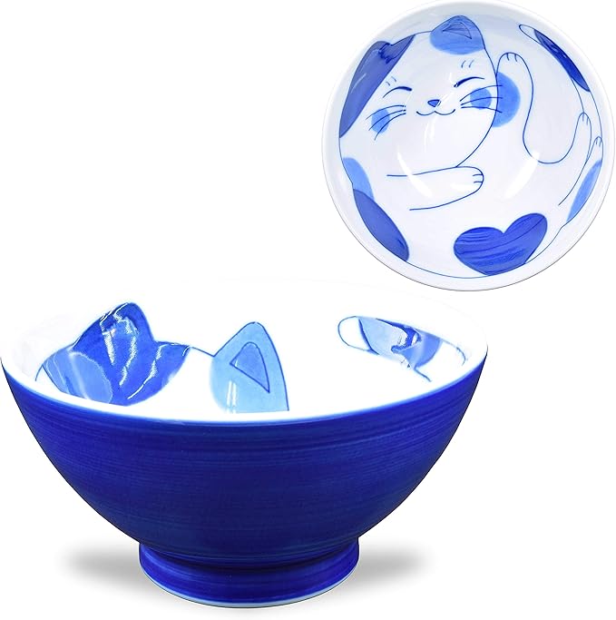 Mino Ware Japanese Rice Bowl, Rice Ramen Noodle Soup Sarada Pasta, NEKOCHIGURA Cat Design, 4.5 inch 9.2 fl oz, Mike