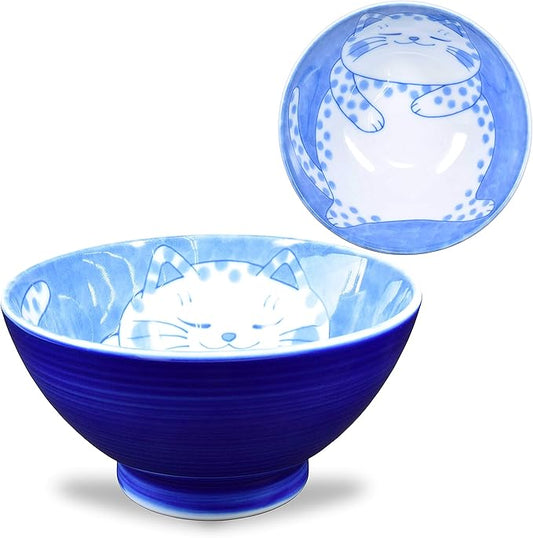 Mino Ware Japanese Rice Bowl, Rice Ramen Noodle Soup Sarada Pasta, NEKOCHIGURA Cat Design, 4.5 inch 9.2 fl oz, Buchi
