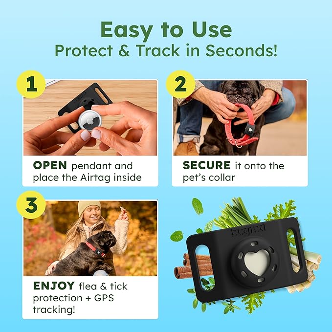 BugMD Paw Guardian Flea & Tick Pendant (2-Pack) with AirTag Holder – Plant-Based Flea & Tick Prevention for Dogs & Cats – Pet Collar Tag & GPS Tracker Holder for Cats & Dogs – Black