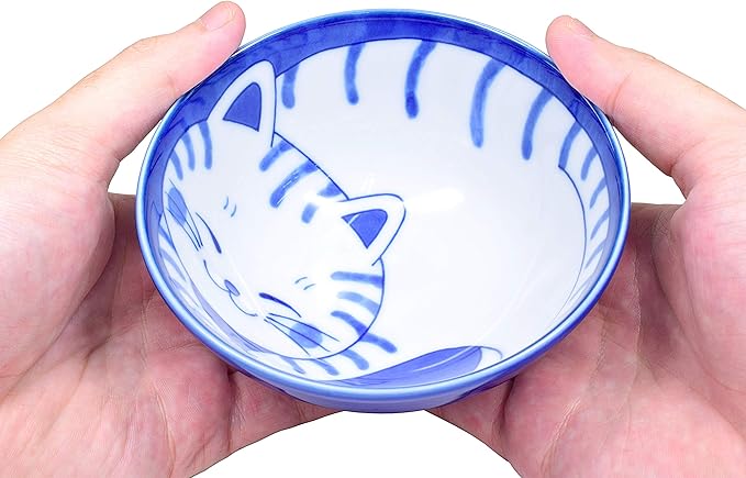 Mino Ware Japanese Rice Bowl, Rice Ramen Noodle Soup Sarada Pasta, NEKOCHIGURA Cat Design, 4.5 inch 9.2 fl oz, Tora
