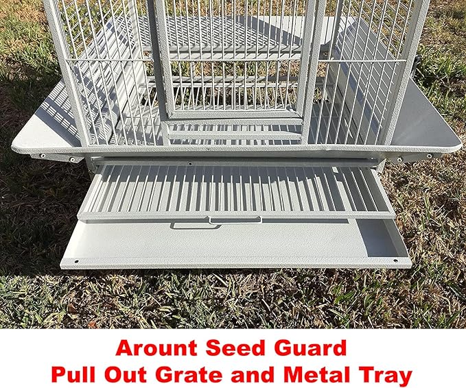 Extra Large Double Ladders Open Play Top Wrought Iron Bird Parrot Parttot Finch Macaw Cockatoo Cage, Include Seed Guard and Toy Hook (32" x 23" x 66"H White Vein)